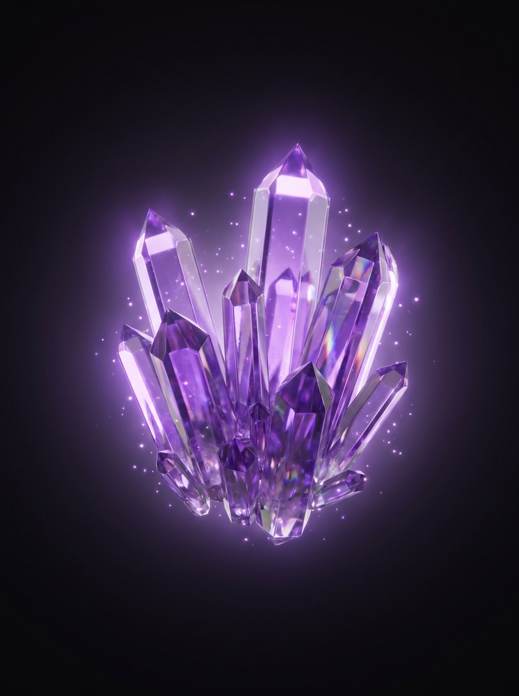 A glowing amethyst crystal growing during a focus session