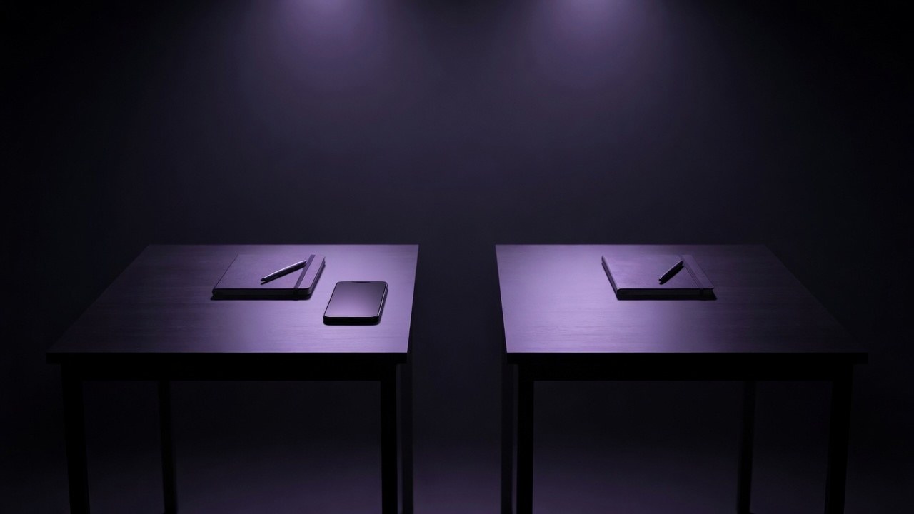 Two identical desks in the same violet light: a phone lies on the left, the right desk is empty, and nothing else in the scene changes
